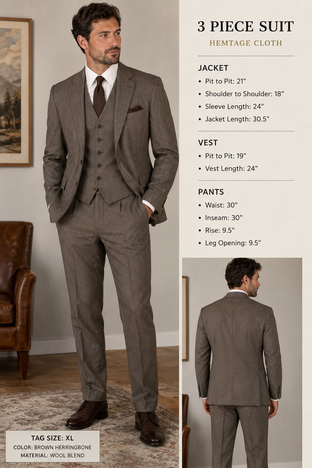 Heritage Cloth Corporate Collection 3 Piece Brown Herringbone Suit 1