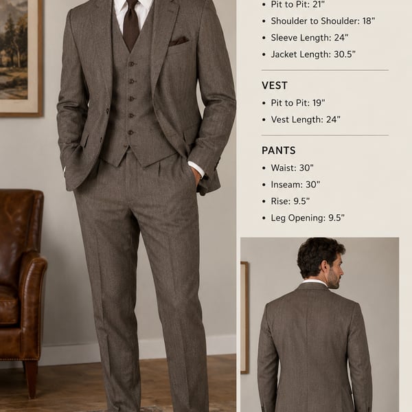 Heritage Cloth Corporate Collection 3 Piece Brown Herringbone Suit