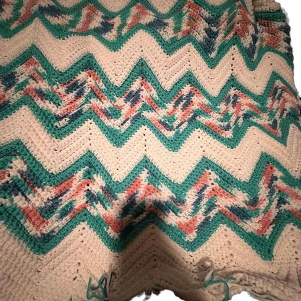Handmade Crochet Chevron Zig Zag Ripple Afghan Throw Blanket with Tassels white teal pink