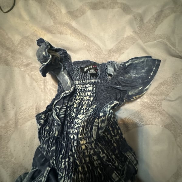 Girls Acid Wash Smocked Denim Flutter Sleeve Romper with Belted Waist Size 12M