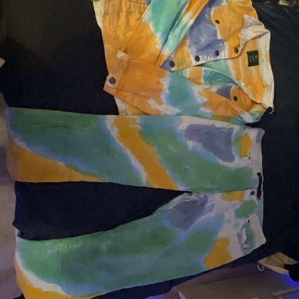 Sacred Crown Men's 2-Piece Tie-Dye Denim Set: Trucker Jacket and Matching Jeans