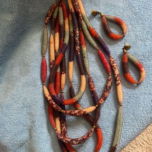 Chico's Multi-Strand Mesh Tube Beaded Necklace and Teardrop Earring Set
