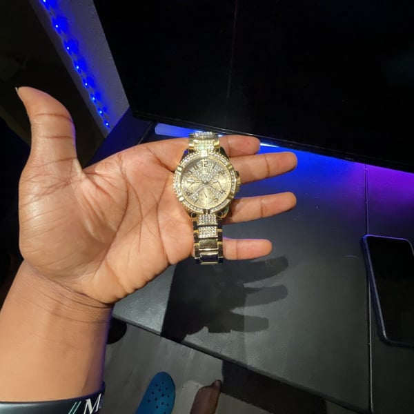 GUESS Frontier Iced Out Gold-Tone Multi-Function Rhinestone Watch U0799G2