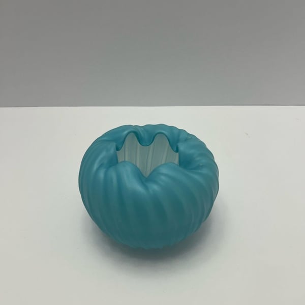 Vintage Fenton Blue Satin Glass Swirled Melon Rose Bowl Vase with Ruffled Edge