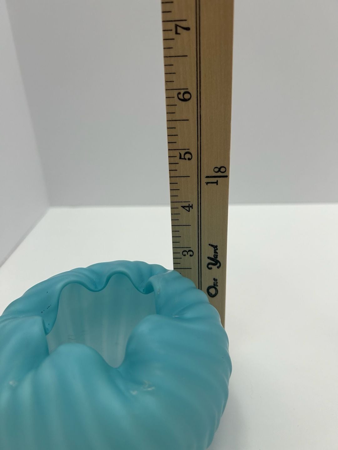 Vintage Fenton Blue Satin Glass Swirled Melon Rose Bowl Vase with Ruffled Edge 8