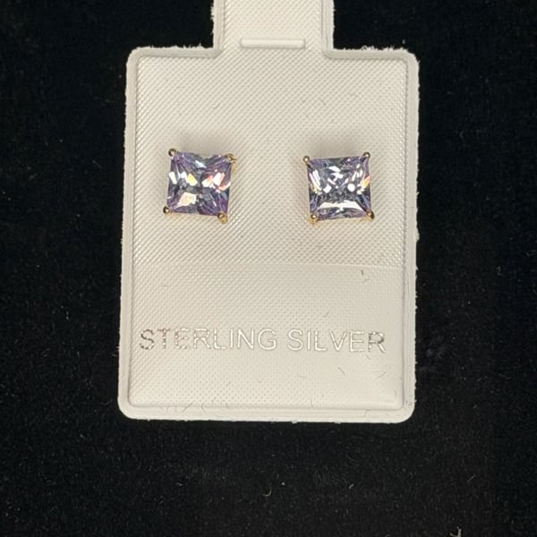 Gold Filled Princess Cut Purple Cubic Zirconia Sterling Silver Stud Earrings