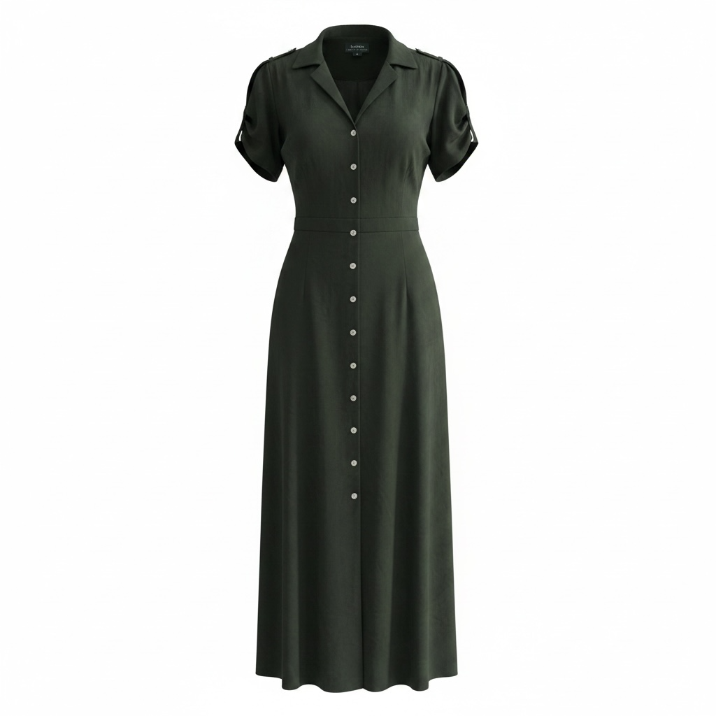 Lauren Ralph Lauren 100% Silk Green Button-Down Military Safari Maxi Dress 2