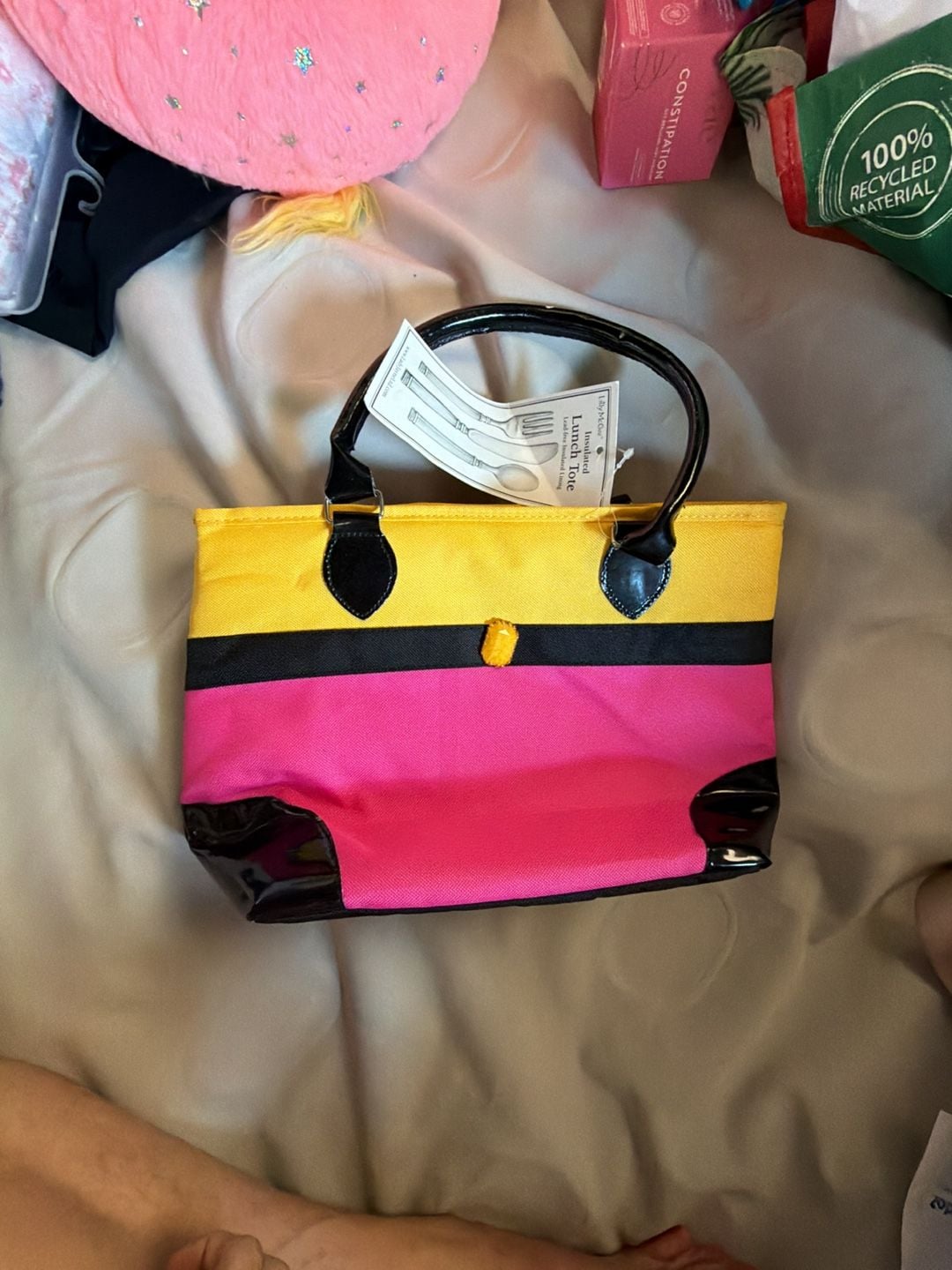 Lily McGee Colorblock Insulated Lunch Tote Pink Yellow Black 2