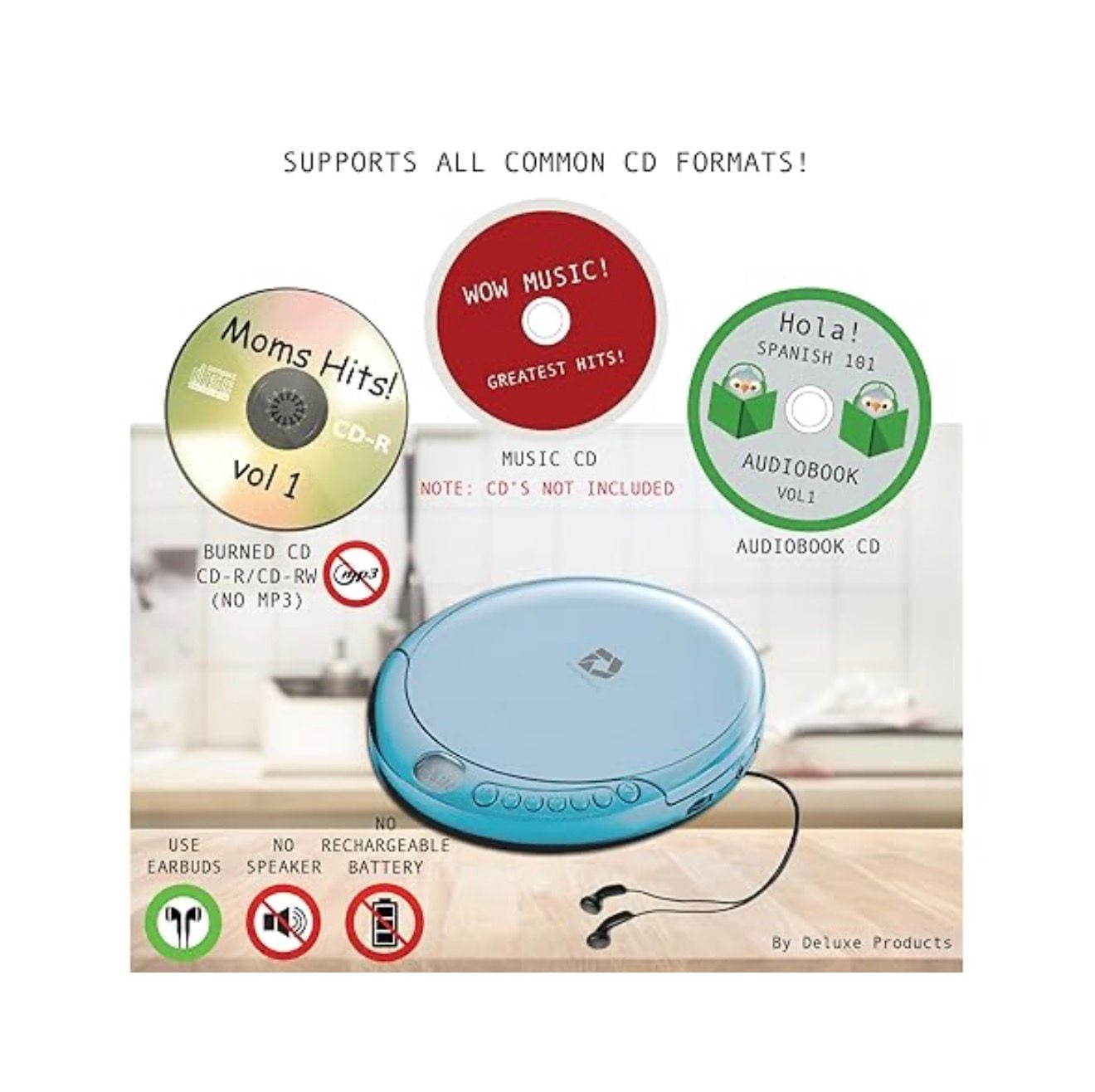 Portable CD Player By Deluxe Electronics 60 Second Anti-Skip Blue with cords 2