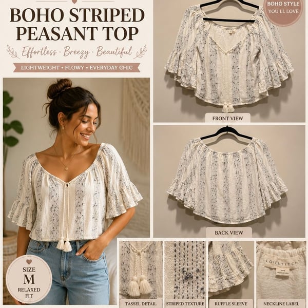 Lovestitch Boho Striped Tassel Peasant Top with Ruffle Sleeves