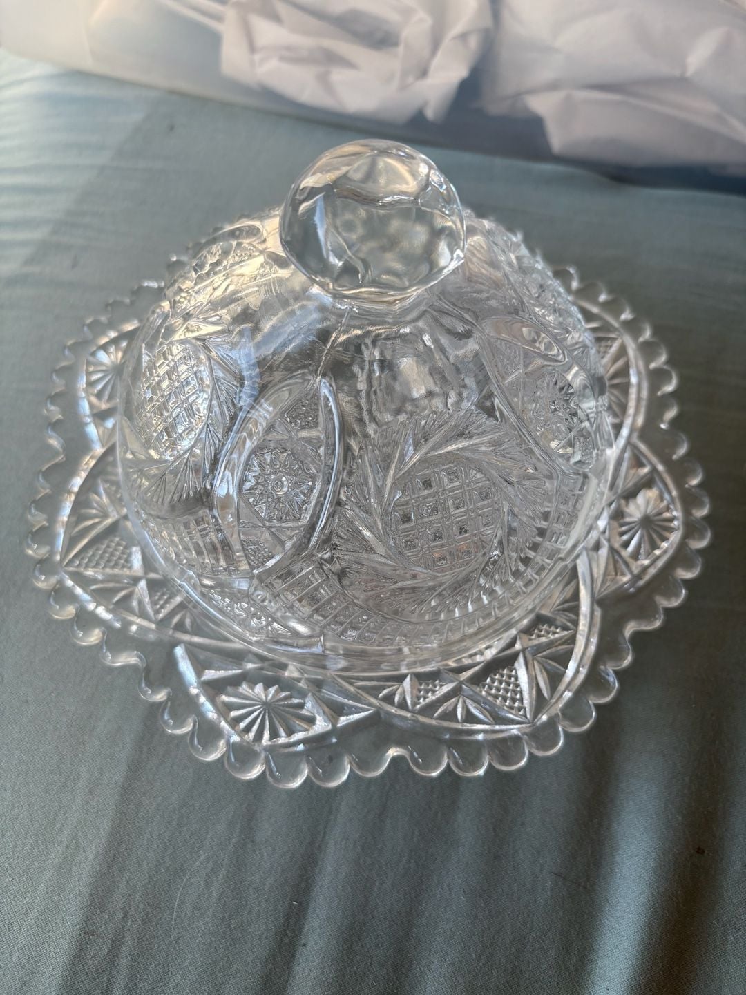 Vintage McKee Glass Aztec Sunburst EAPG Round Covered Butter Dish 1