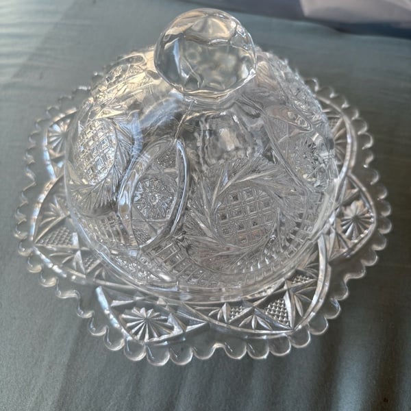 Vintage McKee Glass Aztec Sunburst EAPG Round Covered Butter Dish