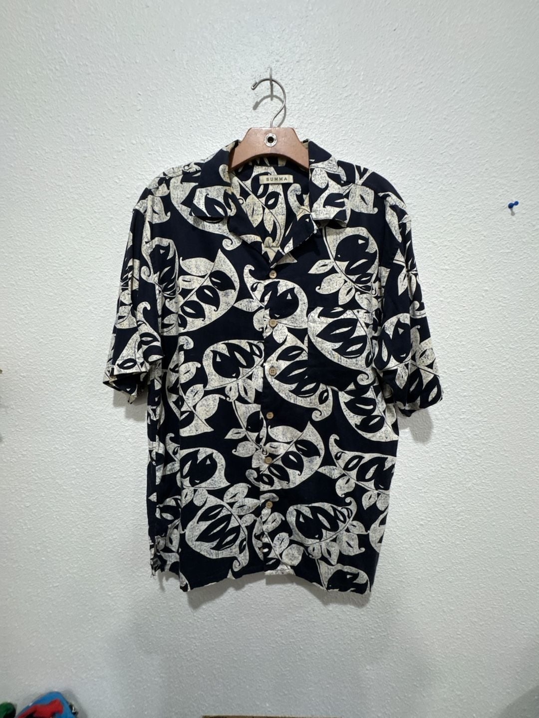 Summa Tropical Navy White Leaf Print Button Front Short Sleeve Shirt 2
