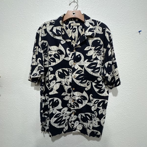 Summa Tropical Navy White Leaf Print Button Front Short Sleeve Shirt
