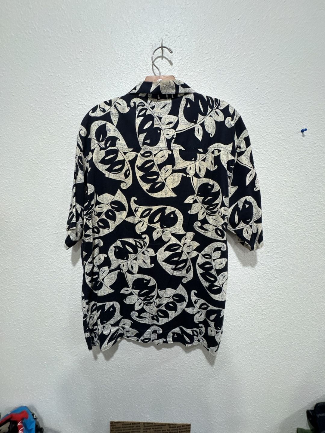 Summa Tropical Navy White Leaf Print Button Front Short Sleeve Shirt 8