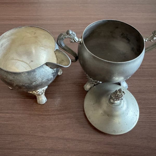 Vintage Silver Plated Over Brass Footed Creamer and Lidded Sugar Bowl Set