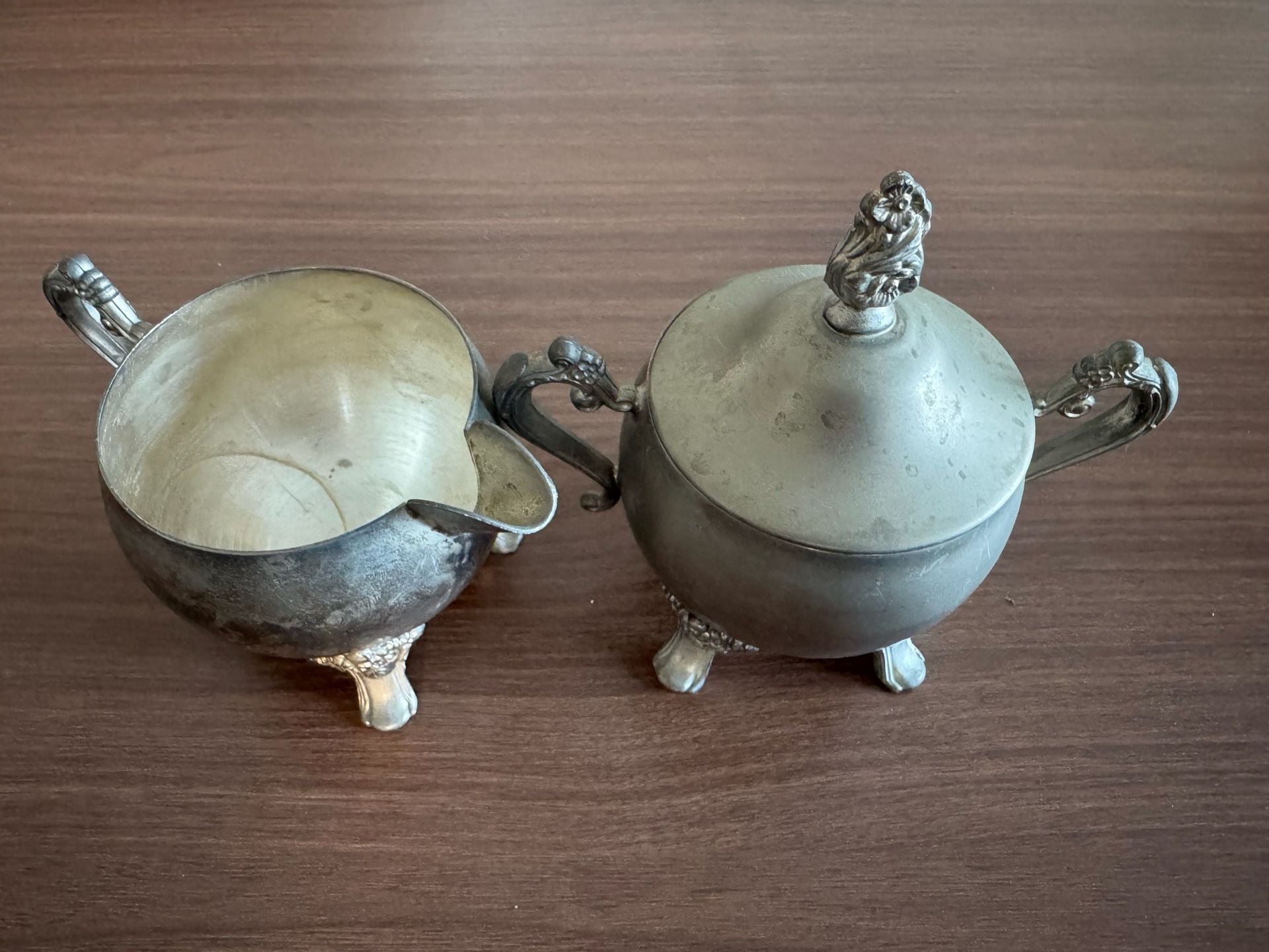 Vintage Silver Plated Over Brass Footed Creamer and Lidded Sugar Bowl Set 8