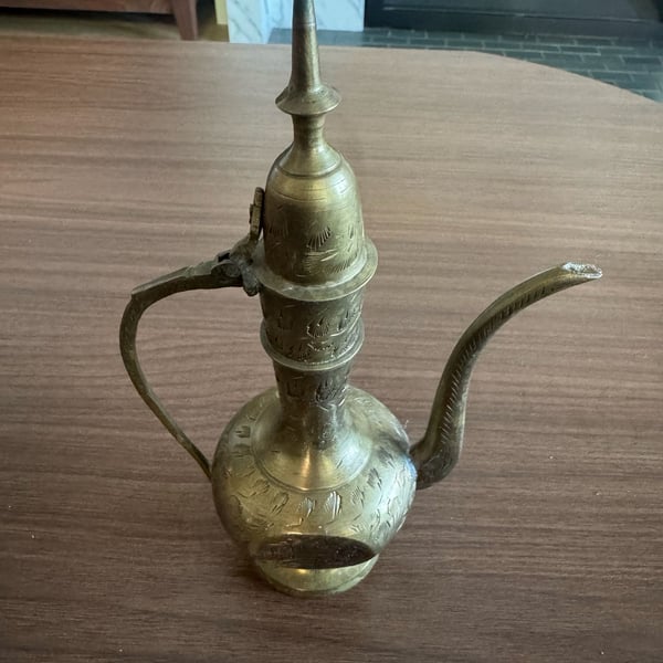 Vintage Hand-Etched Indian Brass Dallah Coffee Pot Ewer
