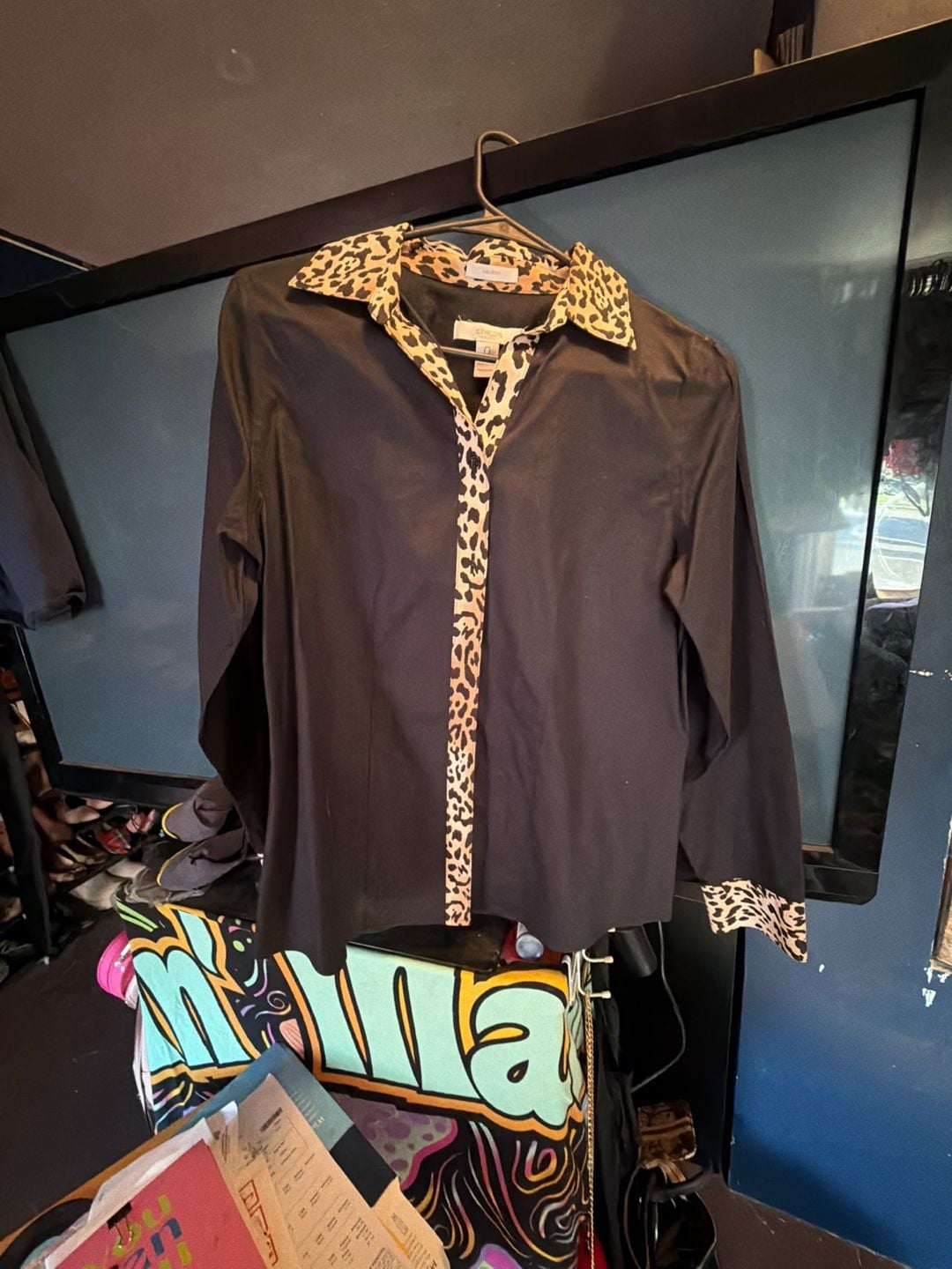 Chico's No-Iron Button Down Blouse with Leopard Print Trim 2