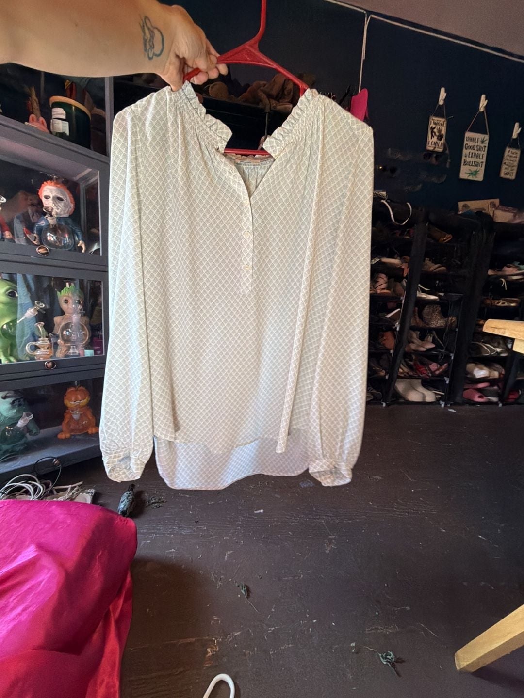 LOFT Ruffle Neck Medallion Geometric Print Blouse 2