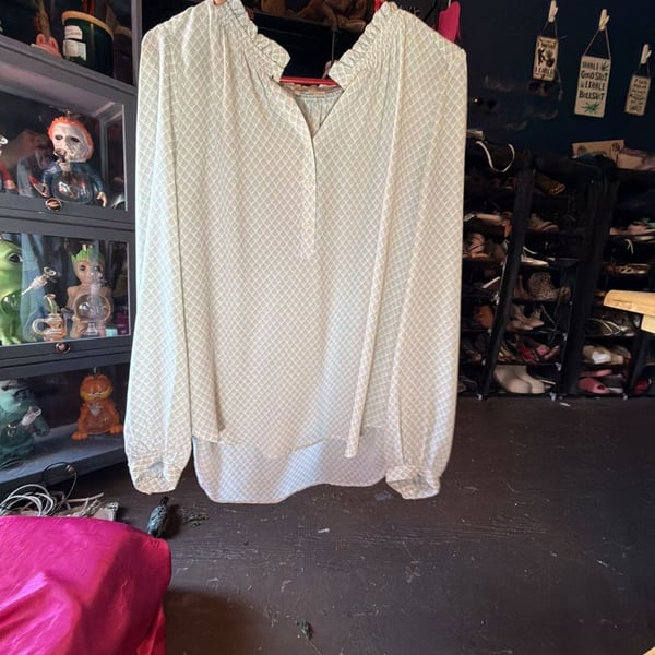 LOFT Ruffle Neck Medallion Geometric Print Blouse