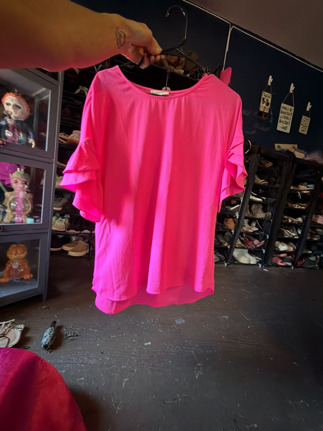 Pleione Hot Pink Flutter Ruffle Sleeve Blouse 2