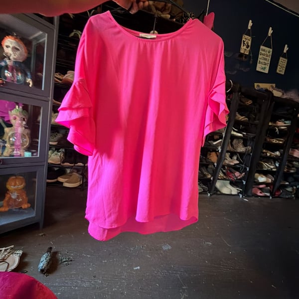 Pleione Hot Pink Flutter Ruffle Sleeve Blouse