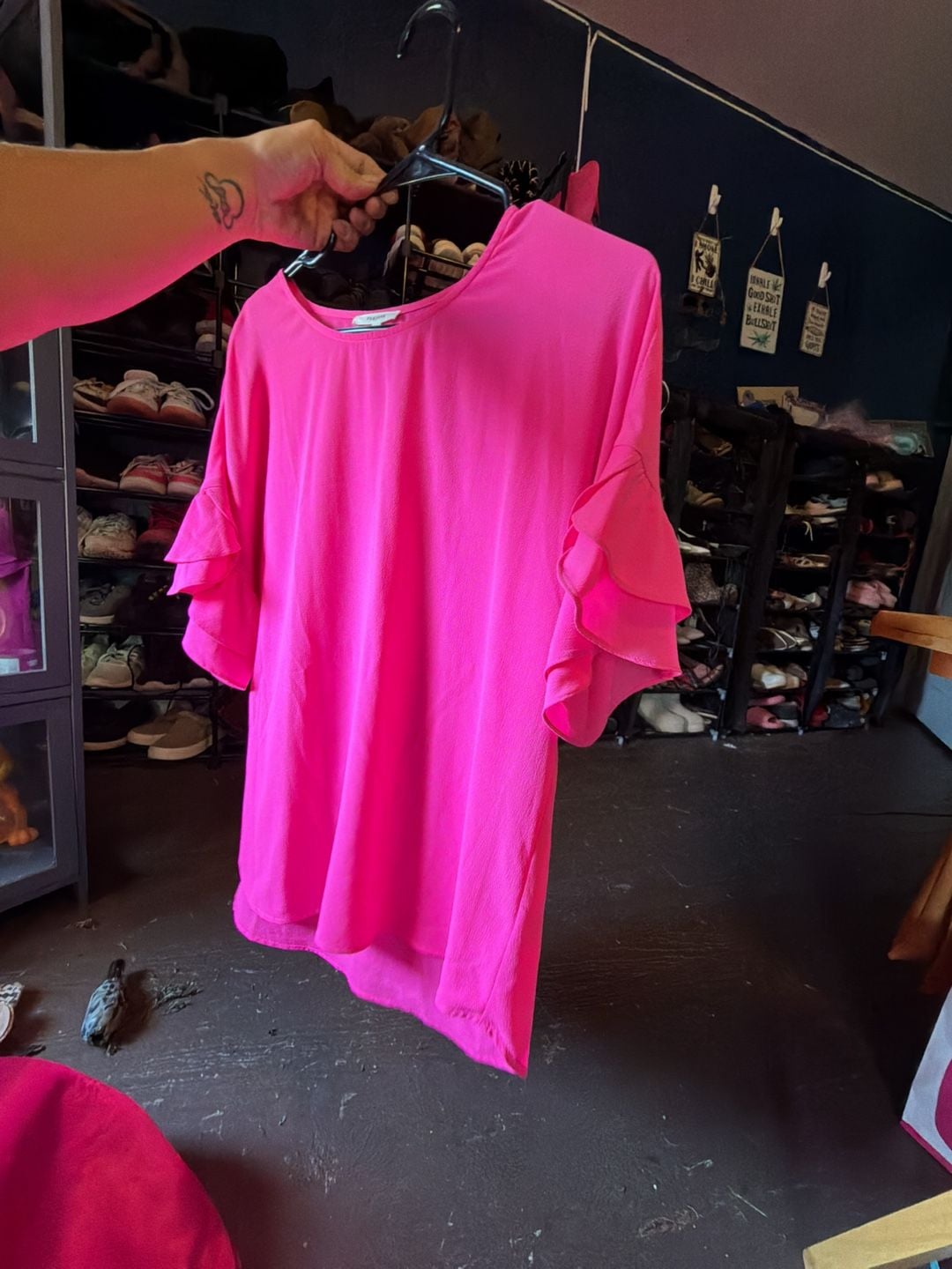 Pleione Hot Pink Flutter Ruffle Sleeve Blouse 3