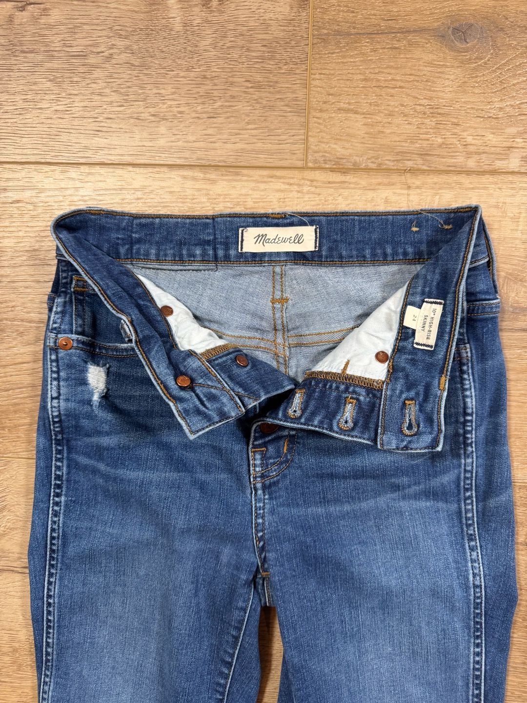 Madewell 10” High Rise Skinny Jeans 24 Button Fly Raw Hem Distressed Denim 5