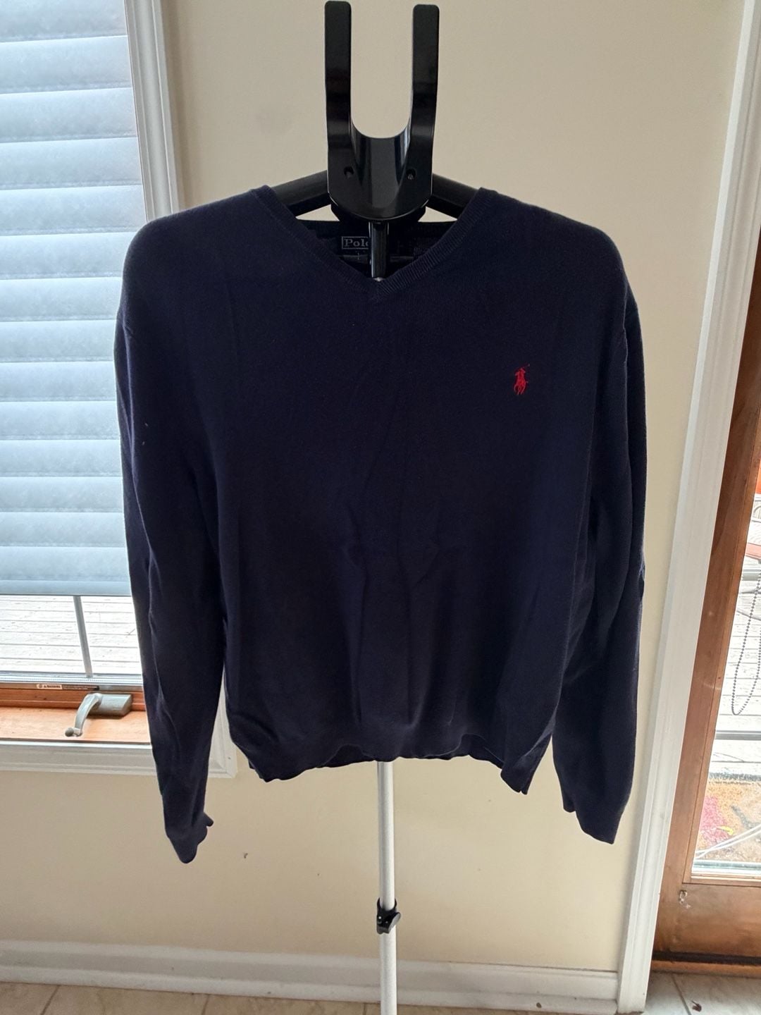 Polo Ralph Lauren Pima Cotton V-Neck Sweater Navy Blue with Red Pony Logo 2