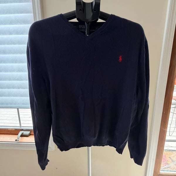 Polo Ralph Lauren Pima Cotton V-Neck Sweater Navy Blue with Red Pony Logo