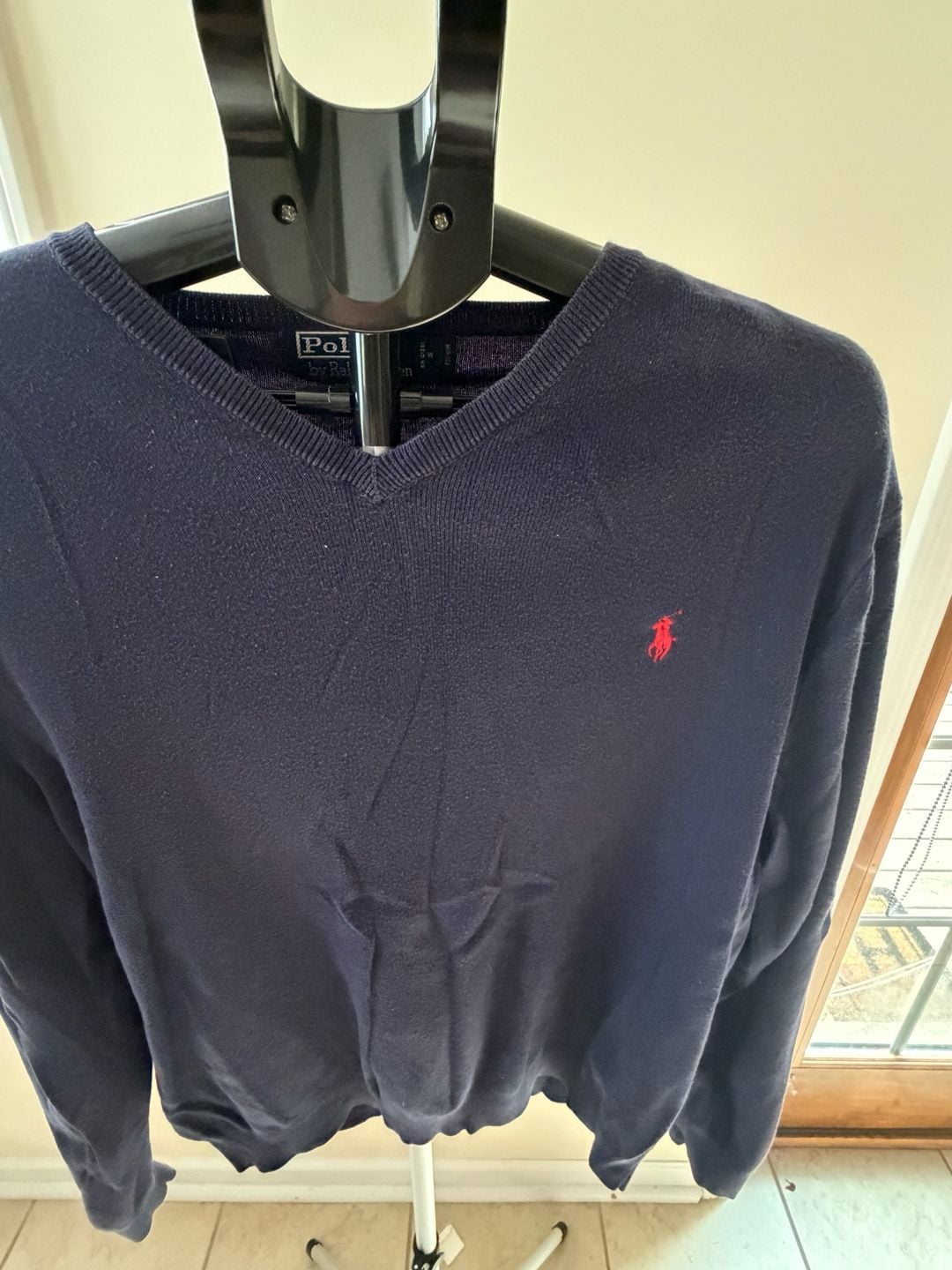 Polo Ralph Lauren Pima Cotton V-Neck Sweater Navy Blue with Red Pony Logo 3