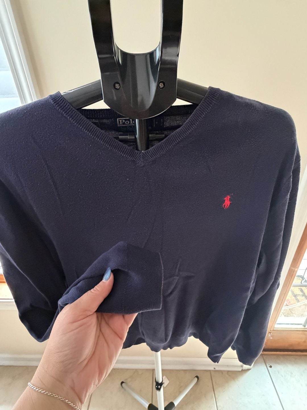 Polo Ralph Lauren Pima Cotton V-Neck Sweater Navy Blue with Red Pony Logo 4