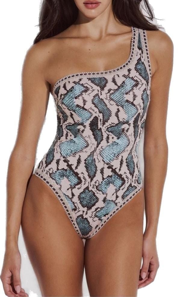 LIDA SWIMWEAR Melia One Shoulder Swimsuit Crocheted Border in Blue Snakeskin 2