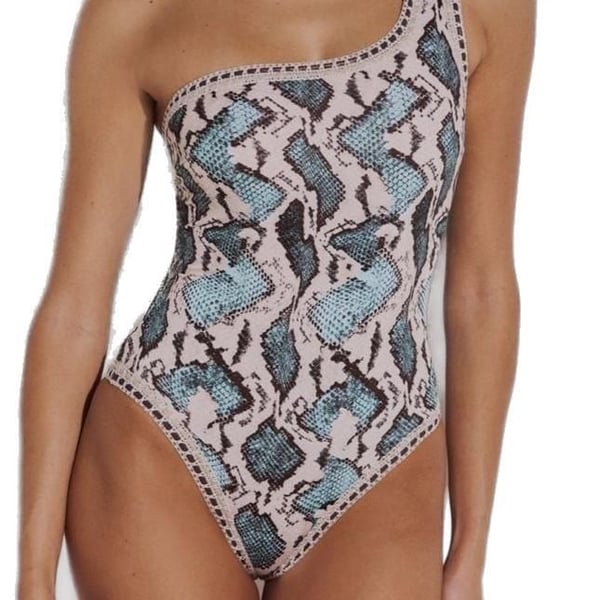 LIDA SWIMWEAR Melia One Shoulder Swimsuit Crocheted Border in Blue Snakeskin