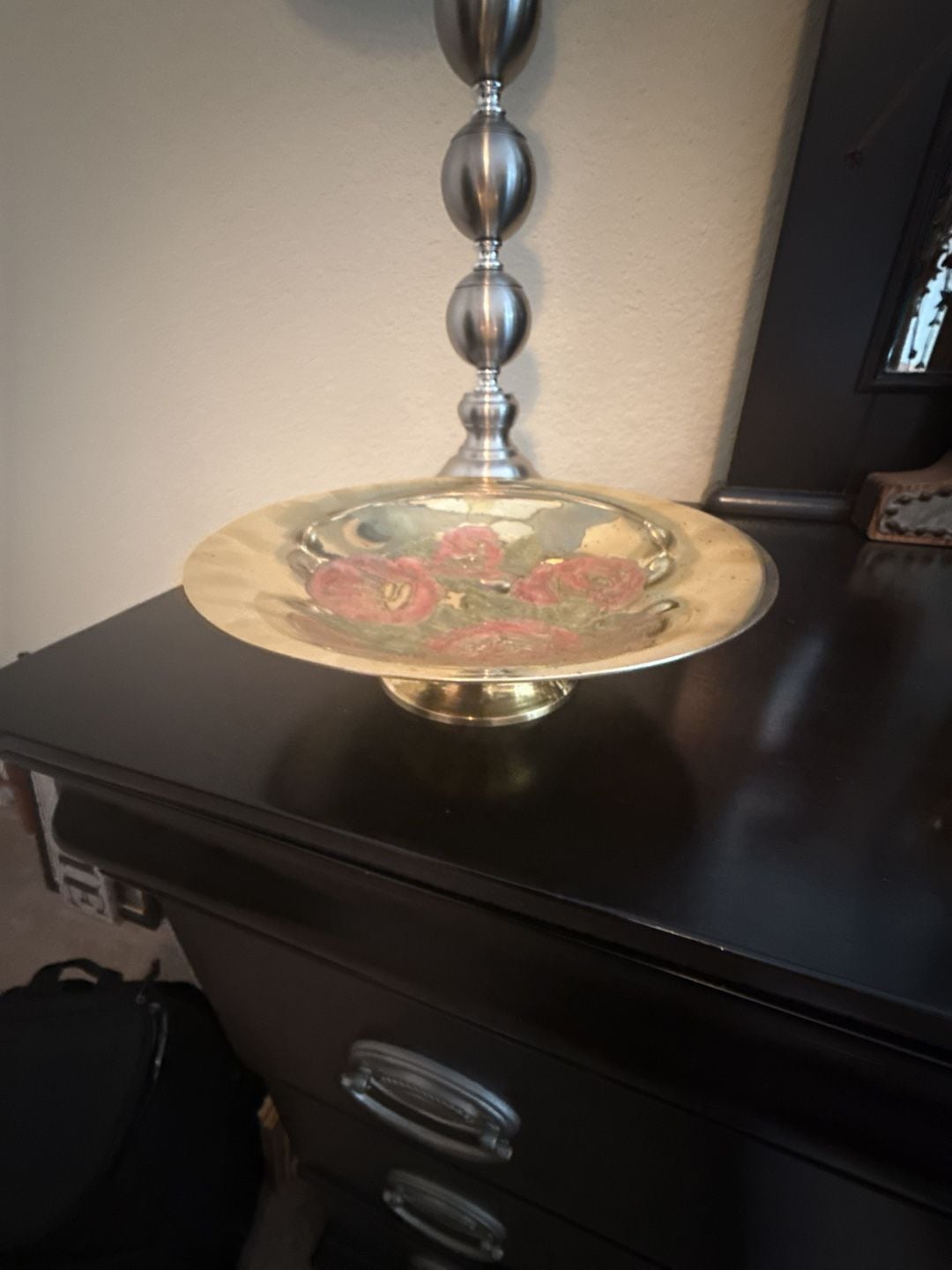 Vintage Hand Painted Enamel Pink Roses Brass Footed Pedestal Bowl 1