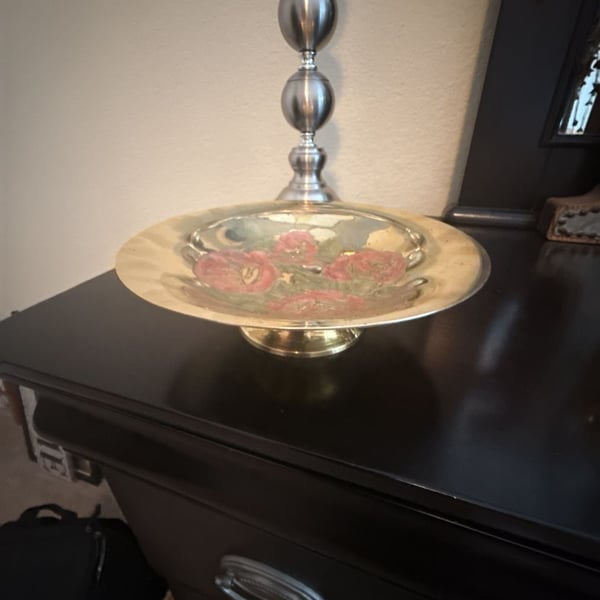 Vintage Hand Painted Enamel Pink Roses Brass Footed Pedestal Bowl