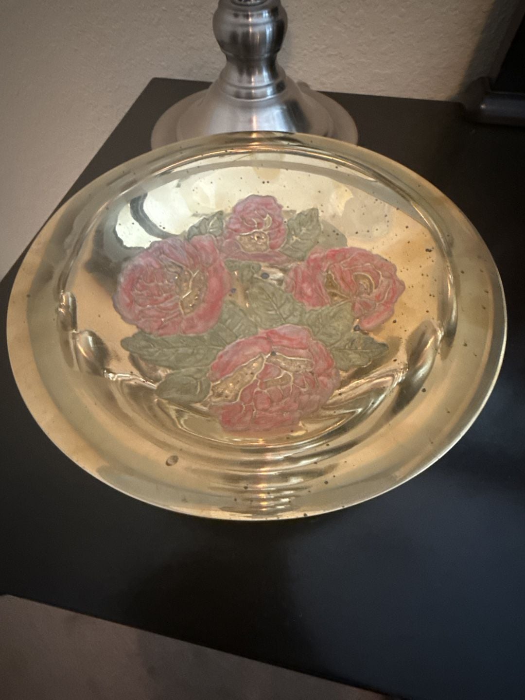Vintage Hand Painted Enamel Pink Roses Brass Footed Pedestal Bowl 2