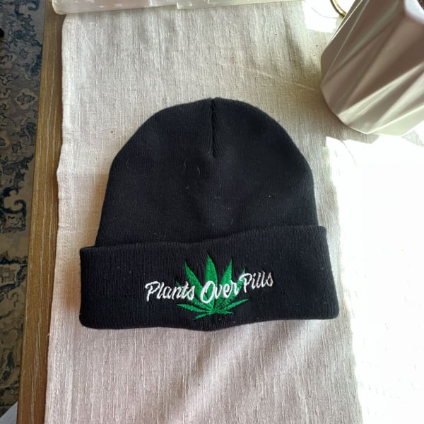 Plants Over Pills Marijuana Leaf Embroidered Black Cuffed Beanie