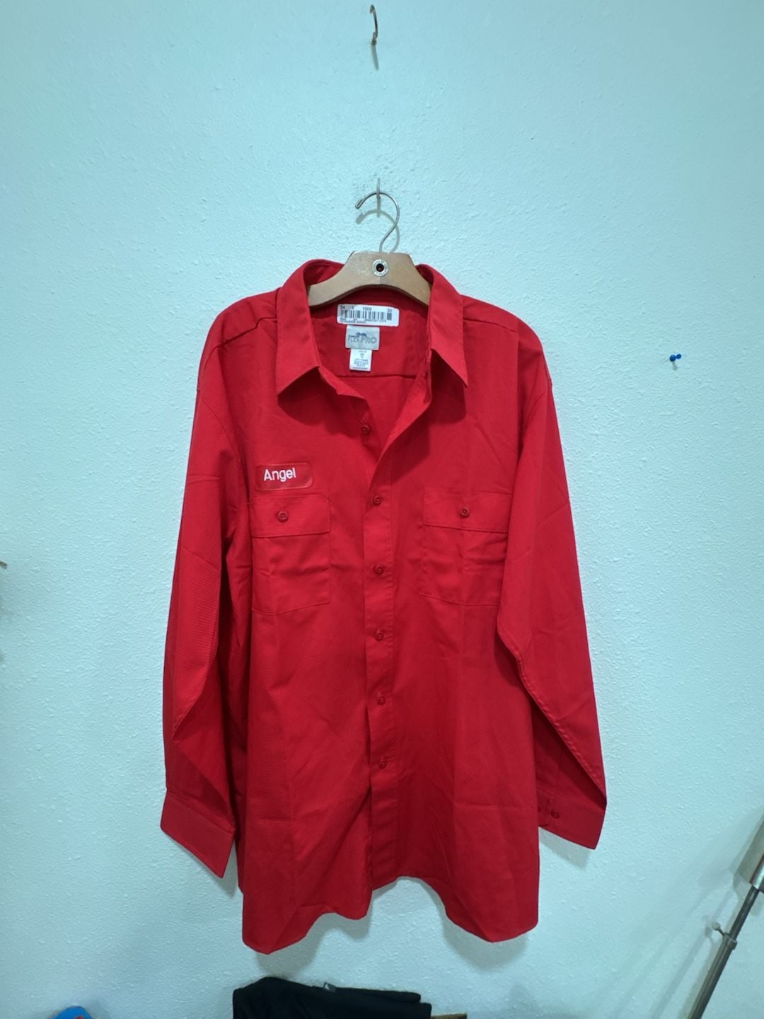 Cintas Comfort Flex Pro Red Long Sleeve Mechanic Work Shirt Angel Name Patch 2XL 2