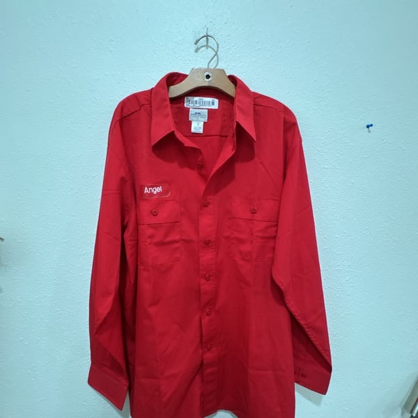 Cintas Comfort Flex Pro Red Long Sleeve Mechanic Work Shirt Angel Name Patch 2XL