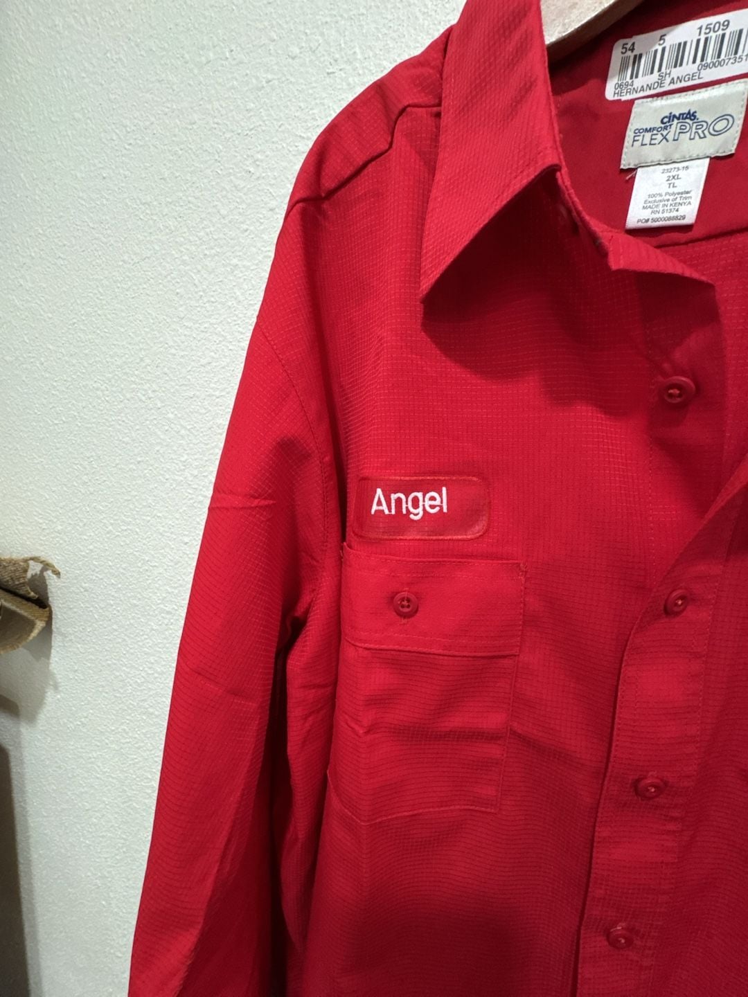 Cintas Comfort Flex Pro Red Long Sleeve Mechanic Work Shirt Angel Name Patch 2XL 3