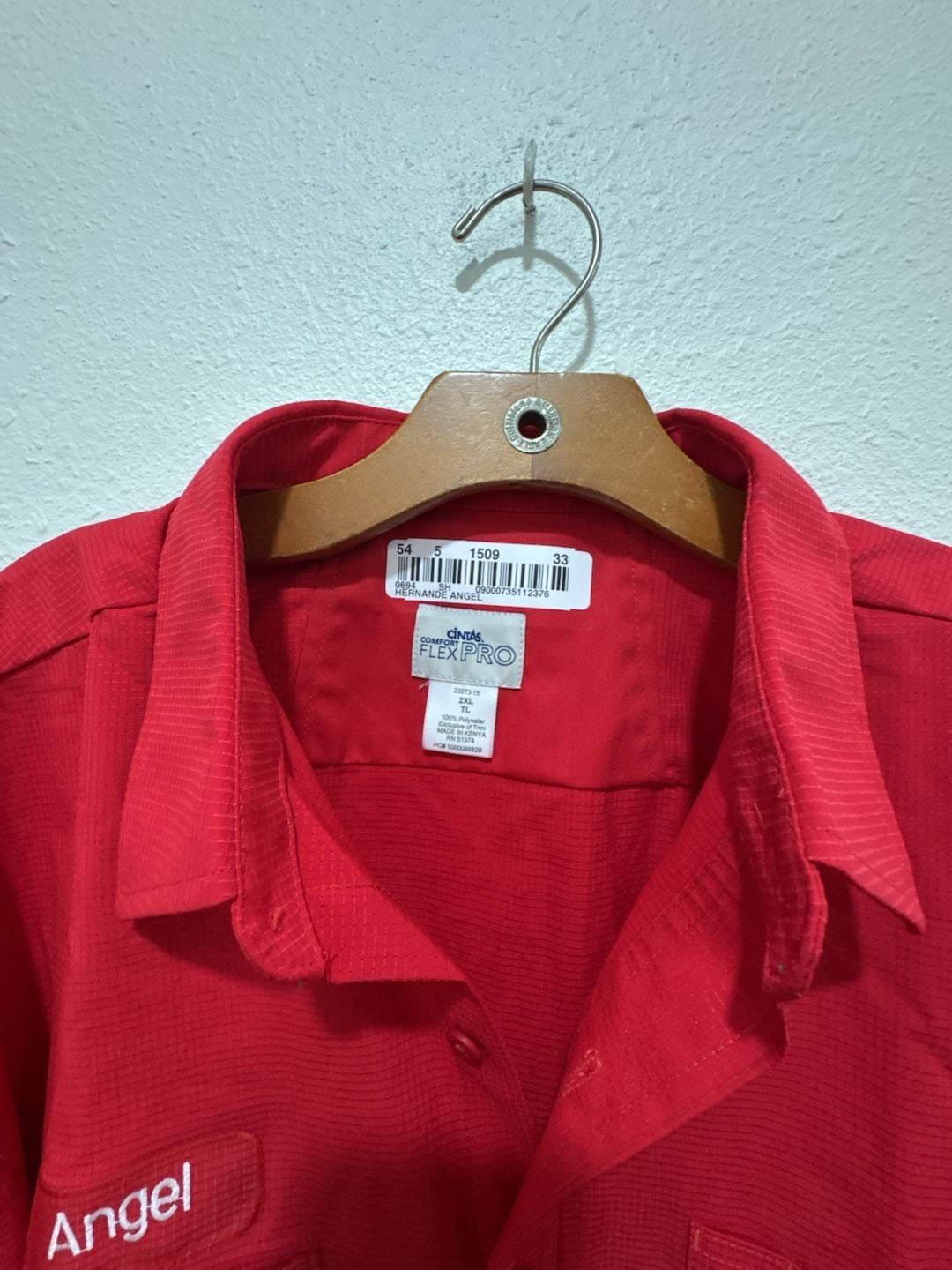 Cintas Comfort Flex Pro Red Long Sleeve Mechanic Work Shirt Angel Name Patch 2XL 4