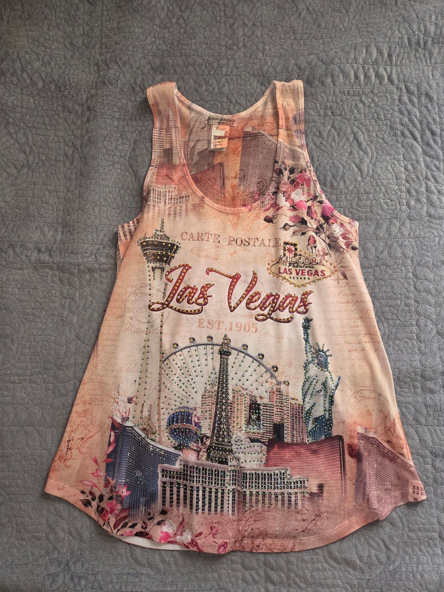 Y2k bedazzled Banana Expression Las Vegas Skyline Rhinestone Graphic Tank Top 2