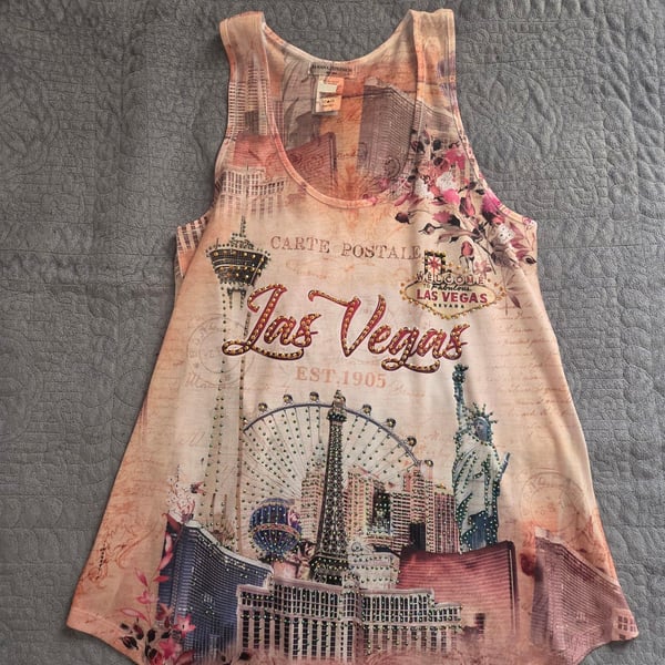 Y2k bedazzled Banana Expression Las Vegas Skyline Rhinestone Graphic Tank Top