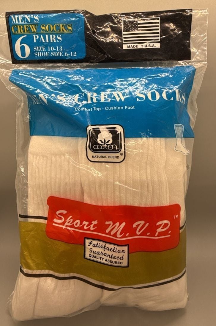 MVP Sport Mens Cotton Blend Crew Socks Deadstock 5 Pair OPEN MISSING 1 USA Vtg 1