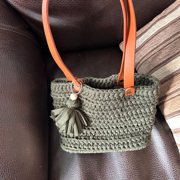 Handmade Olive Green Crochet Tote Bag with Tan Faux Leather Handles and Tassel