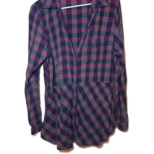 Maurices Women's Purple and Gray Buffalo Plaid Flannel Peplum Tunic Shirt