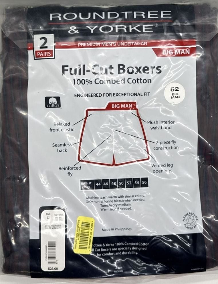 Roundtree & Yorke Big Man 2 Pack Full Cut Boxers Sz 52 100% Combed Cotton Plaid 3