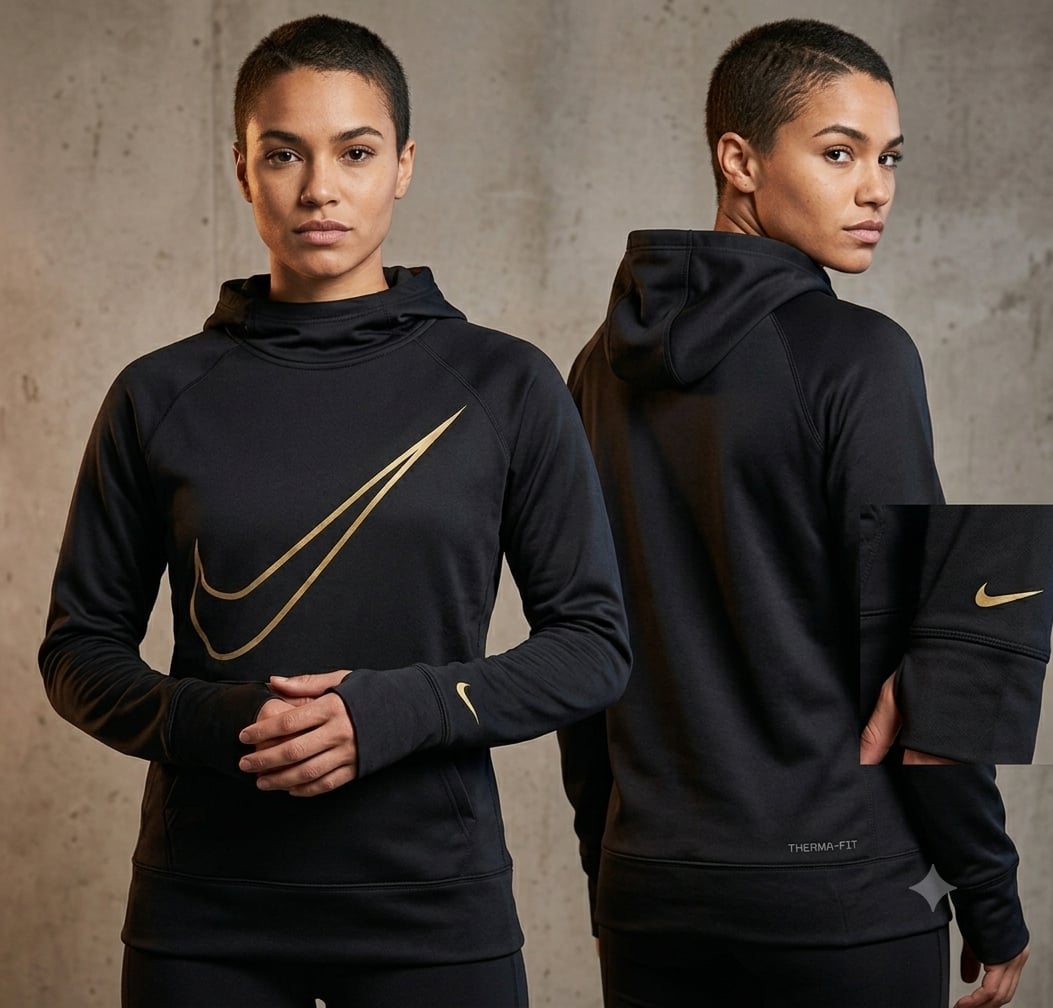 Nike Therma-FIT Black and Gold Swoosh Performance Hoodie with Thumbholes 2